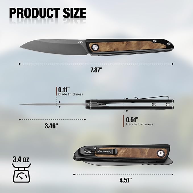 FLISSA Pocket Knife, Folding Knife with D2 Steel Blade, Liner Lock, Aluminum Alloy & Wooden Handle, Ball Bearing and Pocket Clip for EDC, Camping, Hiking, Outdoor Activities