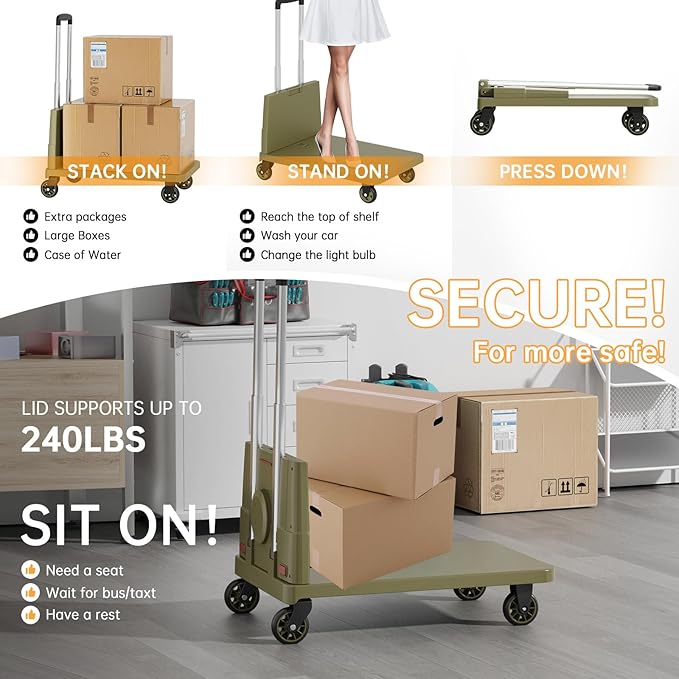 Collapsible Wagon Cart Heavy-Duty 330 lbs Capacity: Foldable Utility Cart with All-Terrain Wheels for Groceries/Beach/Camping, Rolling Crate Hand Truck Dolly with Platform Utility Trolley Cart,Green