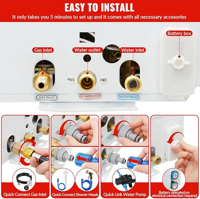 Tankless Water Heater Propane,3.18GPM 12L Outdoor Portable water heater,with 2 GPM Water Pump, with Digital Display Multi-Protection for Camping Trips