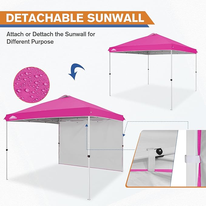 EAGLE PEAK Pop Up Canopy Tent with 1 Sidewall, Easy Setup Event Tent, Outdoor Sun Shade, Wheeled Carry Bag, Stakes and Guy Ropes, Instant Canopy 10x10, Pink
