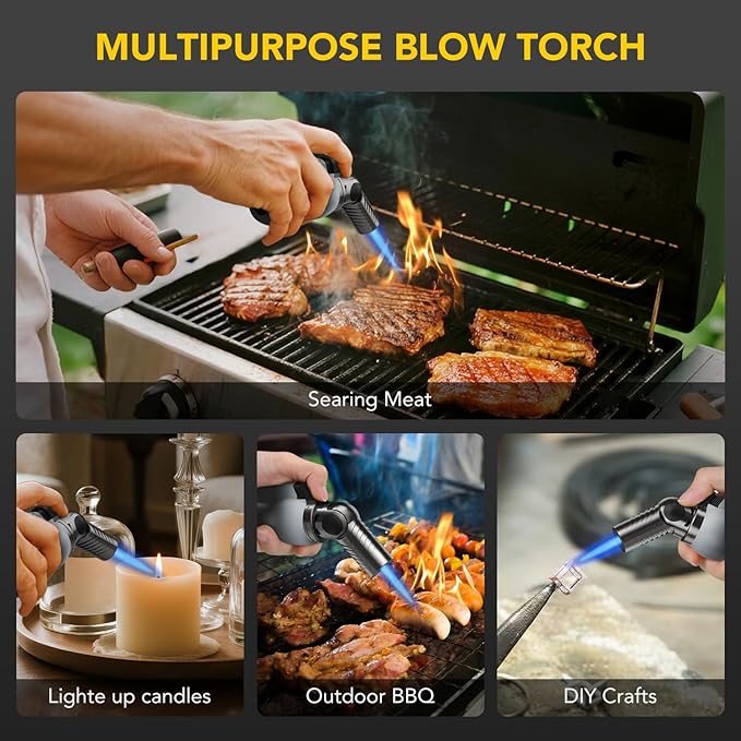 TBTeek Torch Lighter, Portable Kitchen Torch with 45° Rotatable Head and Adjustable Flame, Refillable Butane Torch Lighter for Soldering, Cooking, BBQ, Fireplaces, White-Black (Gas Not Included)