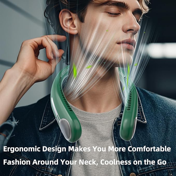 Portable Neck Fan,Gift Ideas,Personal Wearable Bladeless Fan,360° Cooling,LED Display,4-Speeds,6000mAh Rechargeable,Powerful Wind,Outdoor Travel Camping,Birthday Gifts for Men Women (Dark green)