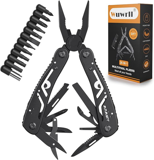 26-in-1 Multitool,Professional Stainless Steel Multi Tools ,Multitool Pliers Pliers Pocket Knife with Heavy Duty Screwdriver Sleeve, Replaceable Bits Multitools for Outdoor, (black)
