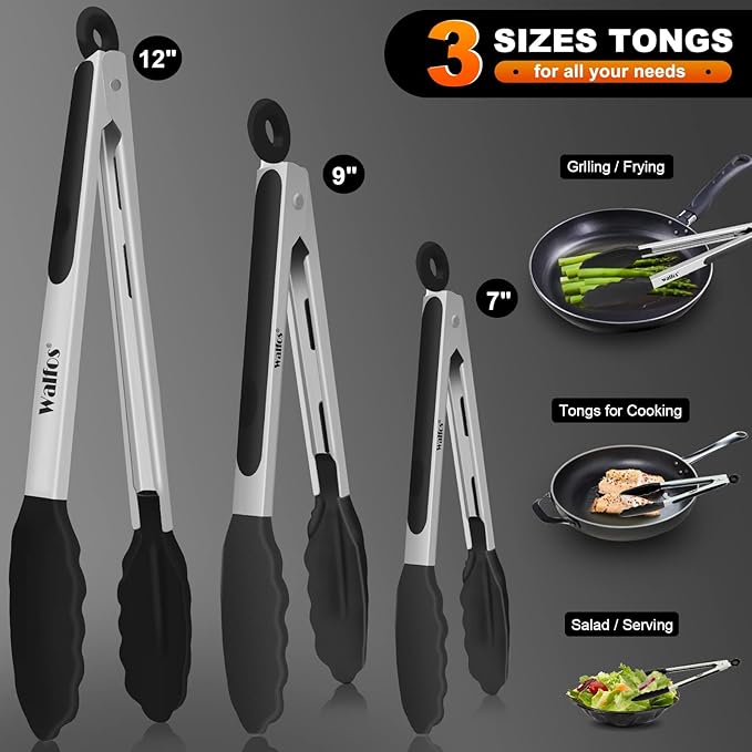 Walfos Kitchen Tongs - Heat Resistant Cooking Tongs Set of 3, Stainless Steel and BPA Free Silicone Tips, Great for Cooking, Grilling, Turning, 7" 9" and 12" (3 black silicone tongs)