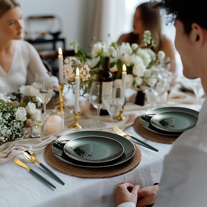 50PCS Green Gold Plastic Plates, Green Disposable Plates for Party, Wedding, Include 25 Dinner Plates, 25 Dessert Plates for 25 Guests