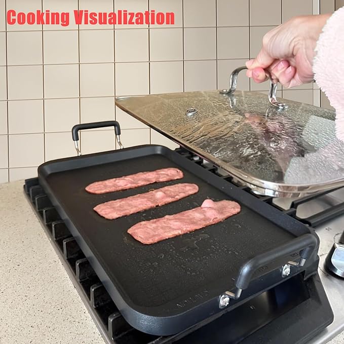 Vayepro 2 Burner Griddle Pan with Glass Lid, Nonstick Stovetop Griddle for Gas & Glass Cooktops, Aluminum Camping Grill Pan for Breakfast
