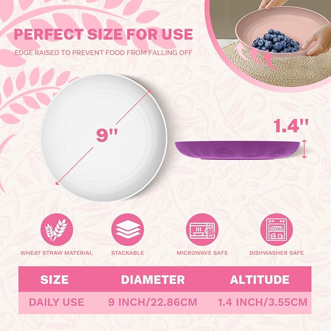 Homienly Dessert Plates, Premium Wheat Straw Plate Set, 9 Inch Plastic Plate Reusable - Microwave & Dishwasher Safe Plates for Party, Camping, RV, 4 PCS, Kitchen Essentials, Unbreakable - Flower Color