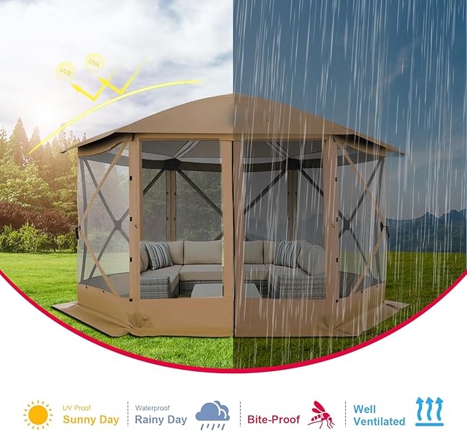 COBlZl Pop Up Gazebo 12x12 Screen House Tent for Camping, Outdoor Instant Stargazing Gazebo Canopy with Awning 2.0, Portable Hub Tent with Mosquito Netting, Pavilion for Backyard,Brown