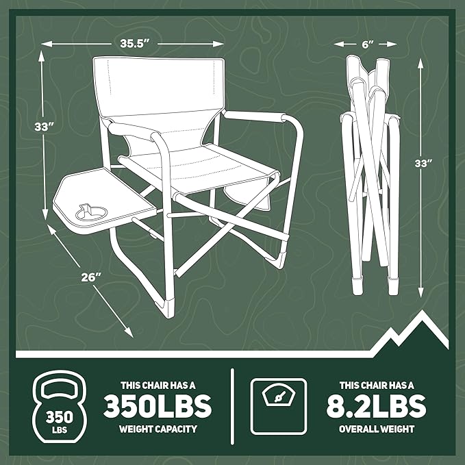 OUTSIDER Portable Directors Camping Chair, Lightweight Folding Aluminum Outdoor Chair with Side Table and Storage Pouch for Camping, Lawn, Sports and Fishing, Heavy Duty Supports 350lbs