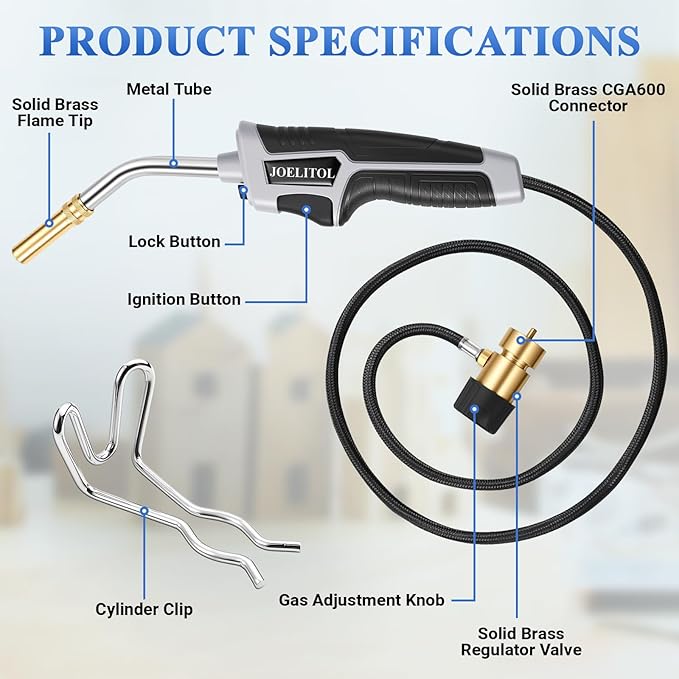 Propane Torch Kit, Mapp Gas Torch with Cylinder Clip, 5ft Hose and Trigger Start Adjustable Flame, Brazing Torch Kit for Soldering, DIY, Jewelry(Propane Tank Not Included)