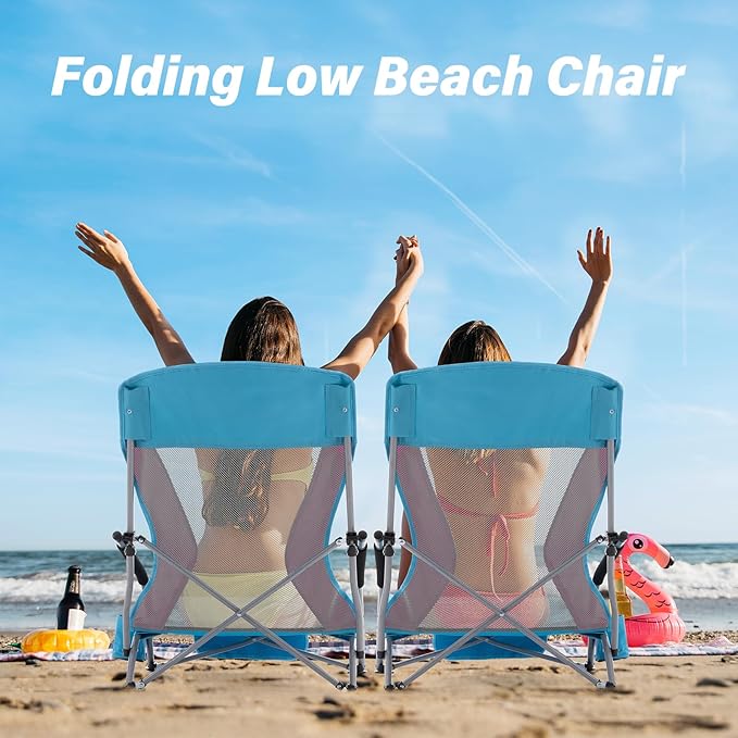 Homcosan Portable Low Folding Beach Chair - Lightweight Camping Chair for Adults with Cup Holder & Storage Pocket, Carry Bag Included (Blue & Pink)