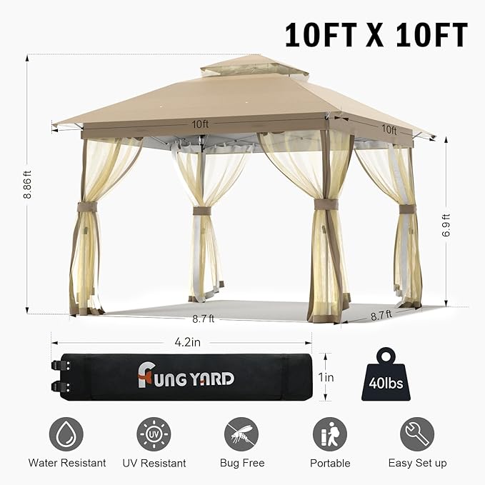 Outdoor Pop Up Gazebo 10x10 - Instant Canopy Tent with Mosquito Nettings, Double Roof Vented Gazebo Tents Shelter for Backyard Shade Party Garden Lawns (Beige, 10x10)