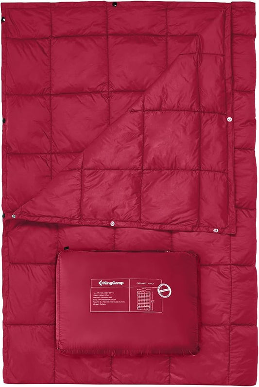 KingCamp Ultralight Camping Blanket, Packable Down Alternative Puffy Wearable Blankets Weatherproof Warm Package Quilt with Snap Buttons for Outdoor Hiking Travel Picnic Stadium (79" L x 53" W, Wine)