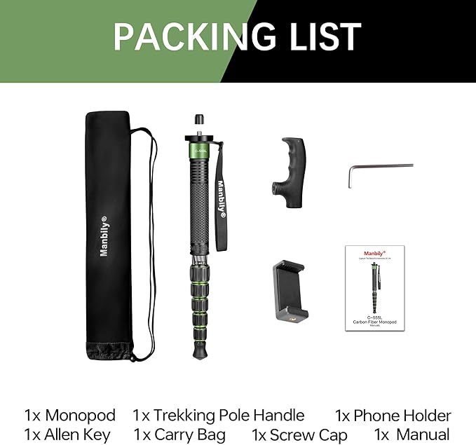Manbily Carbon Fiber Camera Monopod, 61-inch Portable Compact Lightweight Travel Monopod Walking Stick for DSLR Camera Canon Nikon Sony Video (Green)