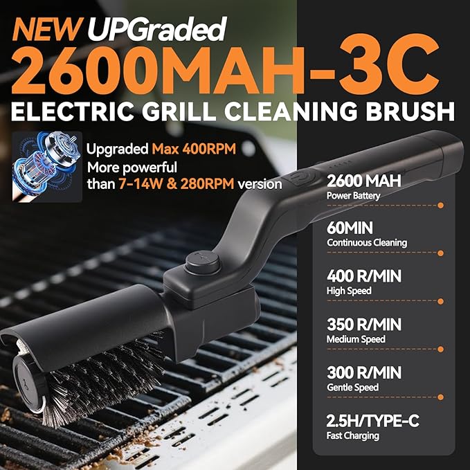 Electric Giddy Up Grill Cordless Cleaning Brush, Upgraded AS SEEN ON TV! BBQ Barbecue Scrubber, High Torque 25W Motor & MAX 400RPM, Dual Heads & Splash Guard