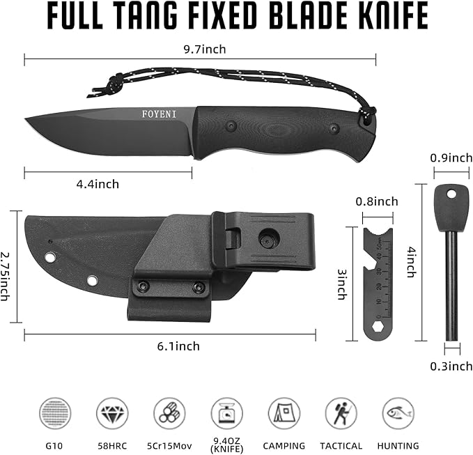 Survival Knife with Fire Starter and Kydex Sheath, 9.7" Full Tang Fixed Blade Hunting Knife with G10 Handle for Bushcraft,Outdoor, Hunting,Fishing,Camping