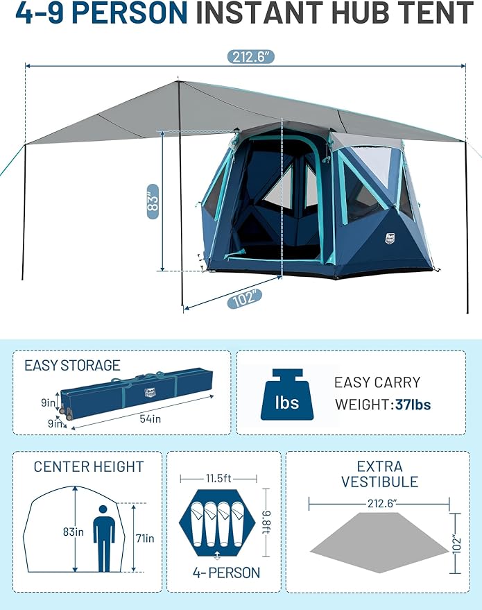 TIMBER RIDGE 4/6/8 Person Instant Pop Up Cabin Tent, Easy 60 Second Setup, Weather Resistant Camping Family Hub Tent with Rain Fly and Carry Bag for Outdoor Camping