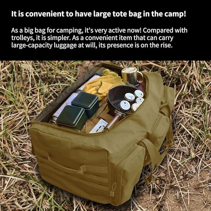 Large Military Travel Duffle Bag Tactical Camping Storage Utility Tote Bag Camping Kitchen Organizer with Deployment Cargo Bag Travel Sports Equipment (Khaki, Large 25.59"x13.78"x13.78")