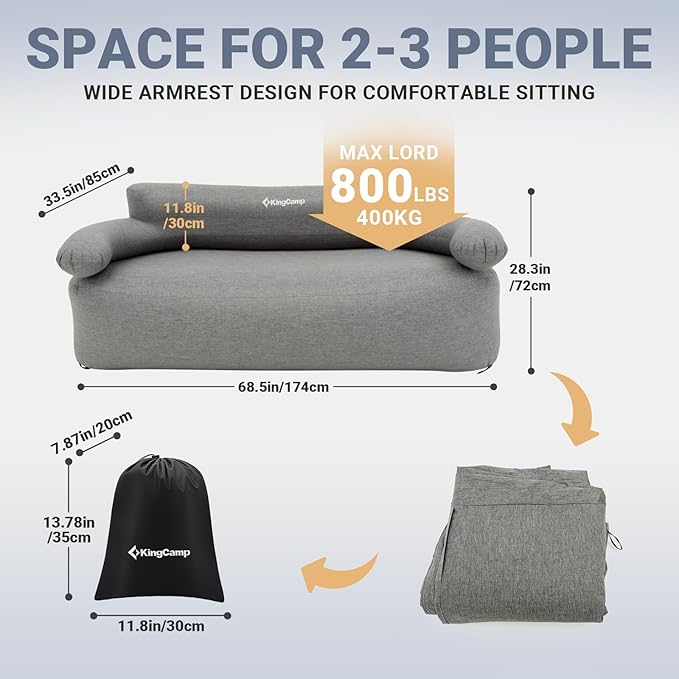 KingCamp Double Inflatable Couch for Camping, Portable Foldable Eco-Friendly Reach-Certified PVC Liner Air Lounger 2-Person Blow Up Sofa with Foot Pump, Pegs, Repair Kit & Removable Cover