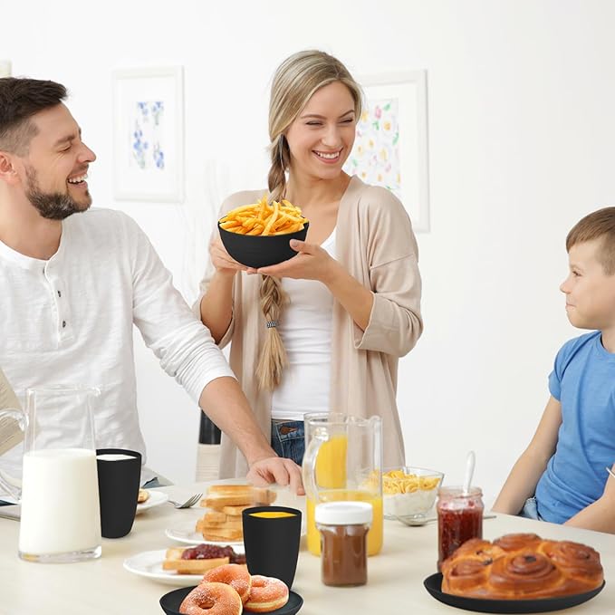 Kitchen Wheat Straw Dinnerware Sets (25pcs) Attached cleaning brush,Service For 6,Plastic Plates and Bowls Sets,Unbreakable Dinnerware,Lightweight Plastic Plate Set (black)