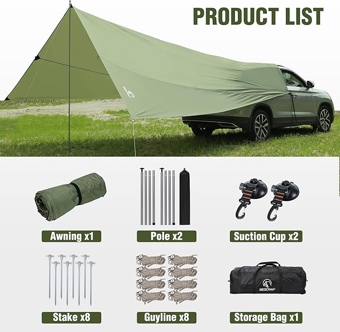 REDACMP 19ft x17ft Large Car Awning Tarp with 2 Poles & 2 Suction Cup Hooks, Waterproof Camping Tarp Hammock Rain Fly with UV Protection Sun Shelter for SUV,Van,Overland Camping,Tailgate Canopy,Green