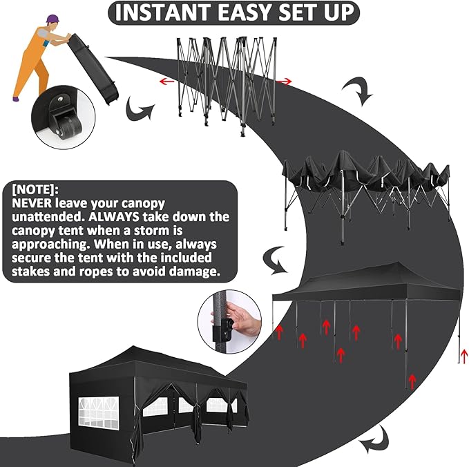 COBIZI 10x30 Pop Up Canopy with 8 Sidewall,Heavy Duty UPF 50+ All Season Wind Waterproof Commercial Outdoor Wedding Party Tents for Parties Canopy Gazebo with Roller Bag(10 x 30 ft Black)