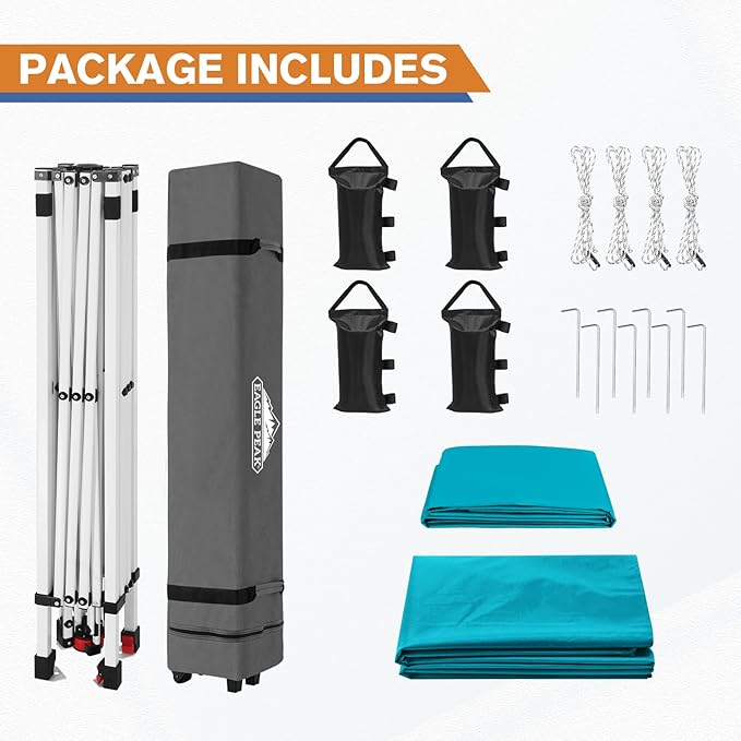 EAGLE PEAK Pop Up Canopy Tent with 1 Sidewall, Easy Setup Event Tent, Outdoor Sun Shade, Wheeled Carry Bag, Stakes and Guy Ropes, Instant Canopy 10x10, Turquoise