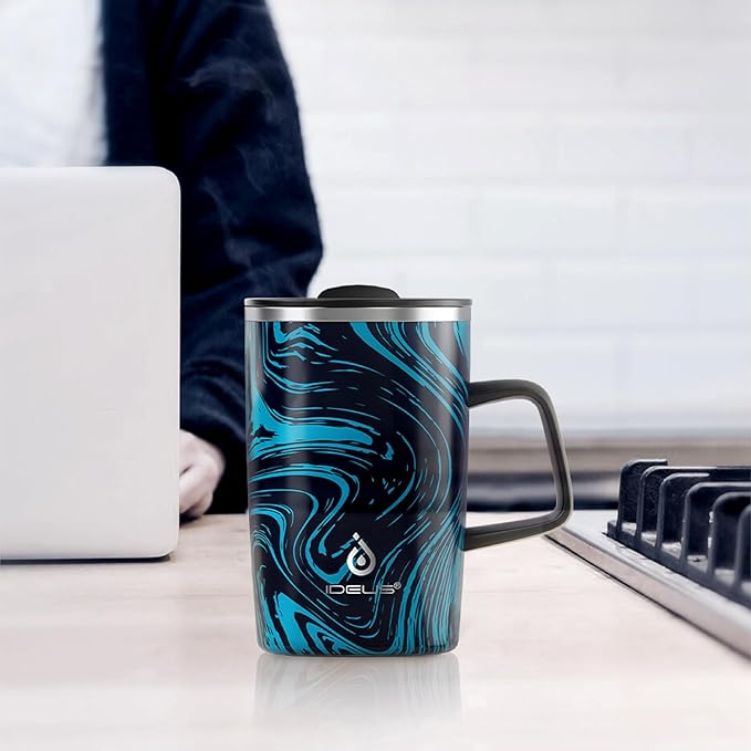 Ideus Vacuum Insulated Coffee Mug, 16oz Reusable Stainless Steel Thermal Double Walled cup with Handle and Slider Lid for Hot & Cold Beverages, BPA Free (Blue Zebra)