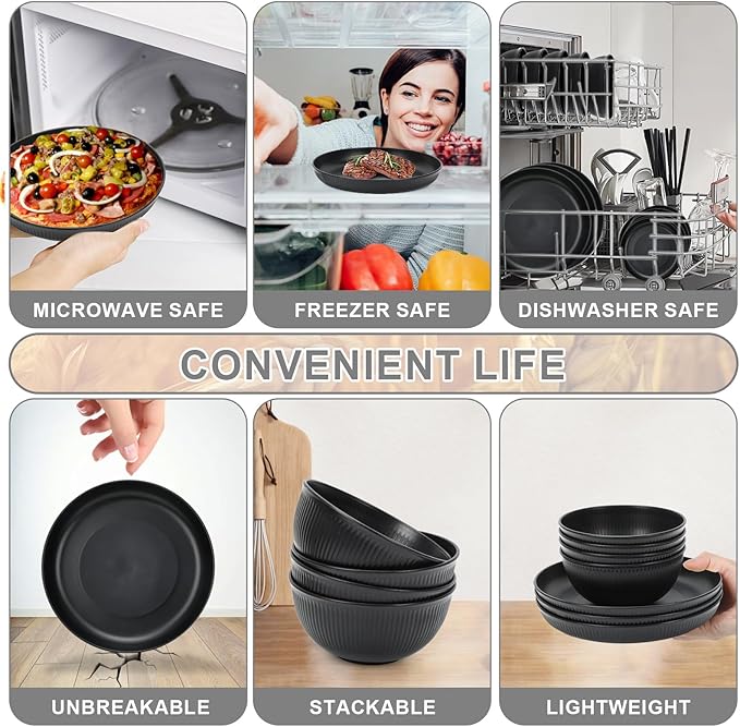 18PCS Wheat Straw Dinnerware Sets Unbreakable Dinnerware Sets Reusable Cups Plates and Bowls Sets Microwave for Kitchen Travel Camping