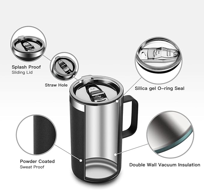 KXIAOCHEN 20oz Insulated Coffee Mug with Lid, Stainless Steel Coffee Cup, Double Wall Vacuum Coffee Tumbler with Handle, Premium Thermal Travel Coffee Mug (Glitter Black White 2Pack)