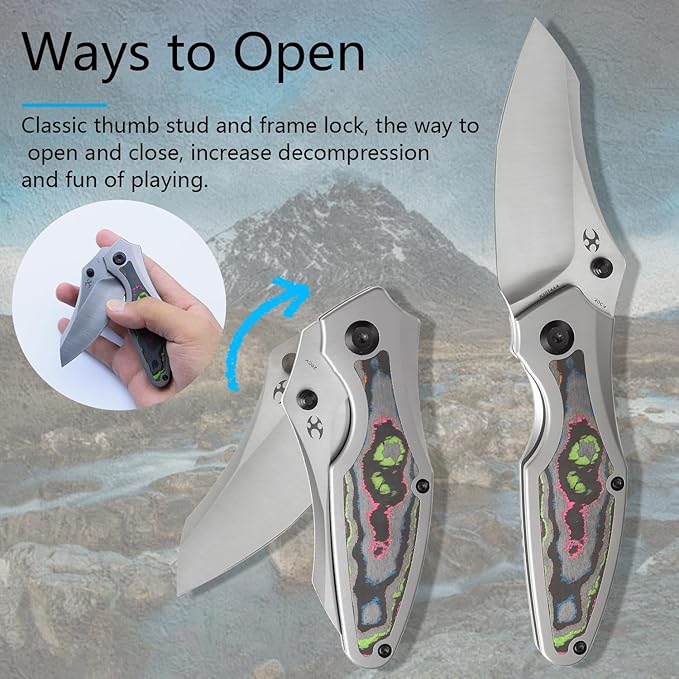KANSEPT Baba Yaga Pocket Folding Knives for Men Women Camping Hiking Folding Knife 3.06'' Satin CPM 20CV Blade EDC Knife with Bead Blasted Titanium 80S Camo Carbon Inlay Handle Everyday Carry K1074A4
