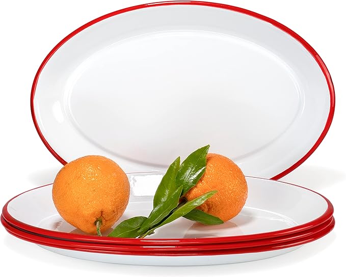 Red Co. Set of 4 Enamelware Metal Classic 13" Serving Oval Tray Platter, Solid White/Red Rim