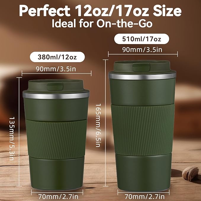 17OZ Travel Coffee Mug Insulated Coffee Cup with Spill Leak Proof Lid, Portable Stainless Steel Tumbler Reusable Hot and Cold Water Mug for Car, Daily, Camping- Military Green