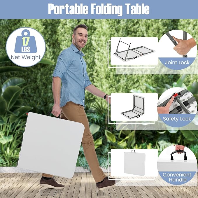 Goplus Portable 4 Foot Plastic Folding Table, 400 LBS Indoor Outdoor Heavy Duty Adjustable Folding Tables with HDPE Tabletop, Carrying Handle, Foldable Utility Card Table for Picnic, Camping, Dining