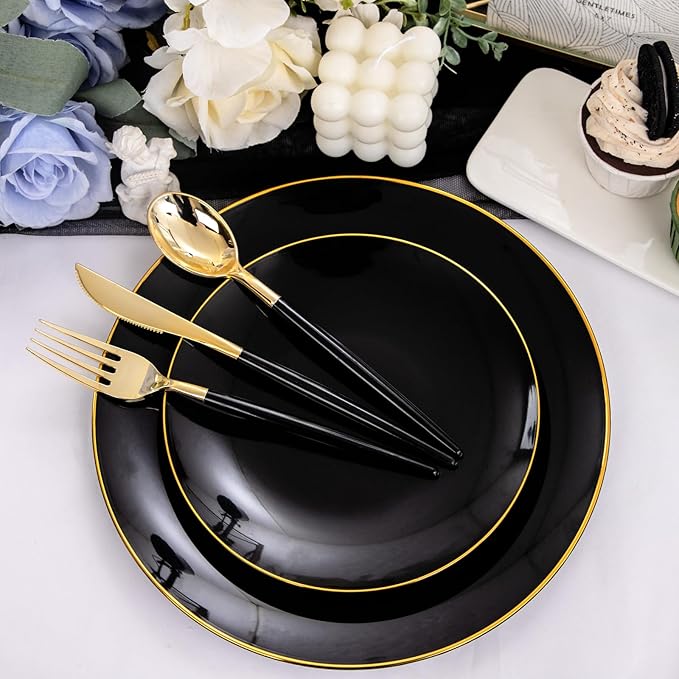 Nervure 150PCS Black Plastic Plates - Black and Gold Disposable Plates - Premium Heavyweight Gold Plastic Dinnerware with Black Silverware Ideal for Wedding & Halloween & New Year