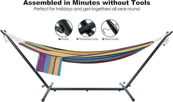 Double Hammock with Stand for Outside, Upgraded Spreader Bar, Heavy Duty Space Saving Steel Stand 2 Person, Side Pockets, Easy Assembly, 600lbs Weight Capacity, Indoor & Outdoor (Classic Red)