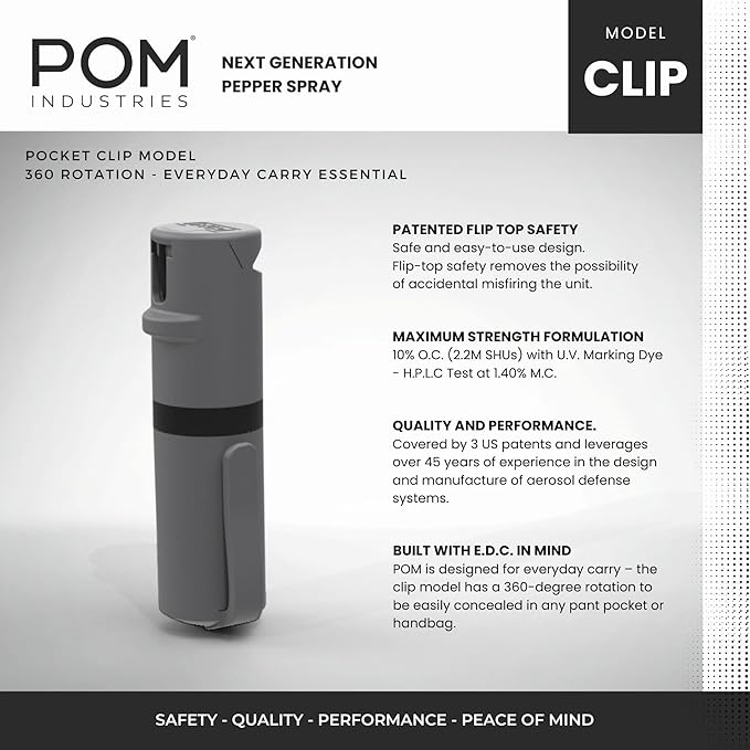 POM Pepper Spray Pocket Clip, Quick Flip Top Safety, Maximum Strength OC Formula with UV Marking Dye, Safe Compact and Tactical Design for Everyday Carry, 25 Bursts, 10 ft Range, 0.5 fl oz