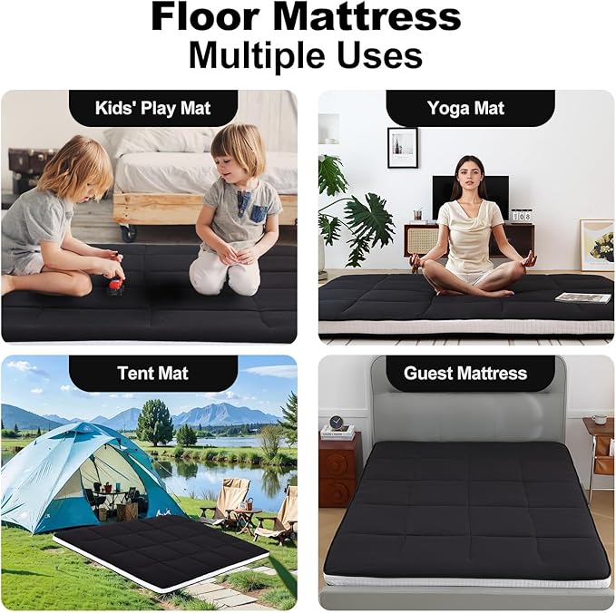 Tiita Memory Foam Mattress Topper Twin Size, 4" Thicken Futon Mattress with Storage Bag and 2 Straps, Portable Roll Up Travel Car Camping Mattress Floor Sleeping Pad, Black