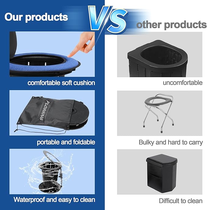 Upgraded Retractable Portable Toilet with Cushion, Adjustable Height Camping Toilets with Lid for Adults and Kids, Compact Portable Potty for Camping, Car, Travel, Boat, Tent and Emergency Use