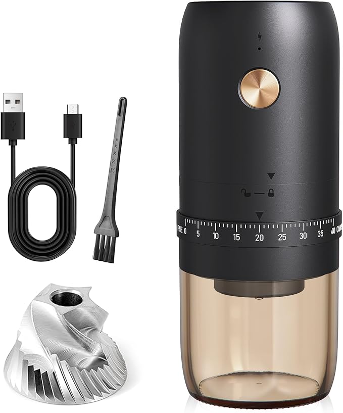 Portable Electric Coffee Grinder, Upgraded External Adjustable 40 Levels Fine to Coarse Settings, Stainless Steel Conical Burr Rechargeable and Faster Grinding for Office,Home,Camping,Travel,Black