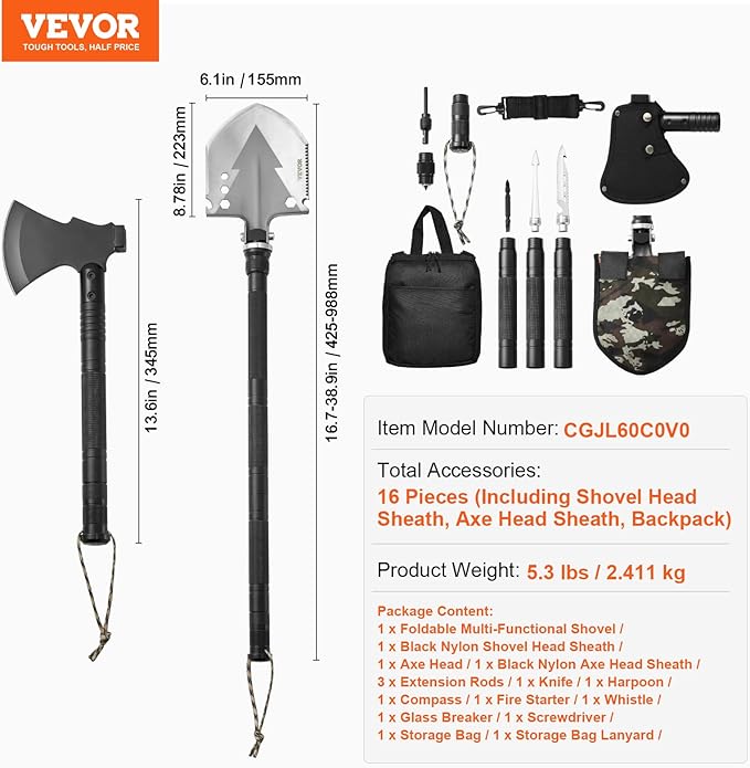 VEVOR Survival Shovel Survival Axe -16-in-1 Camping Folding Shovels with Hatchet - Stainless Steel Tactical Shovel Hatchet Combo - Multifunctional Emergency Survival Gear Equipment for Camping Hiking