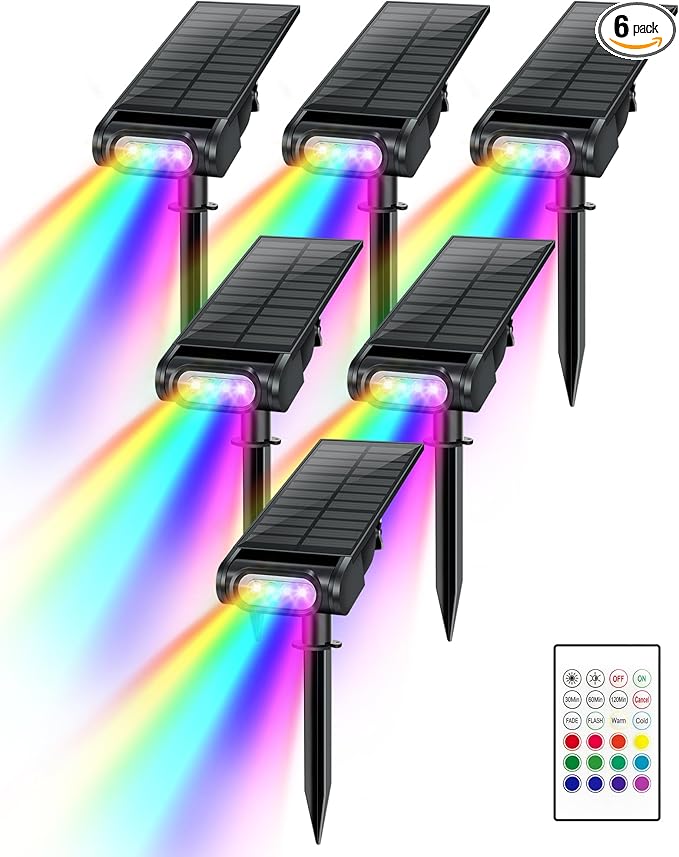 Solar Spot Lights Outdoor, 12 Color Modes Landscape Light Waterproof IP67 with Remote, 2-in-1 Color Changing/Cool/Warm White Solar Lights Outdoor for Yard Trees Garden Pool(Multicolor, 6 Pack)
