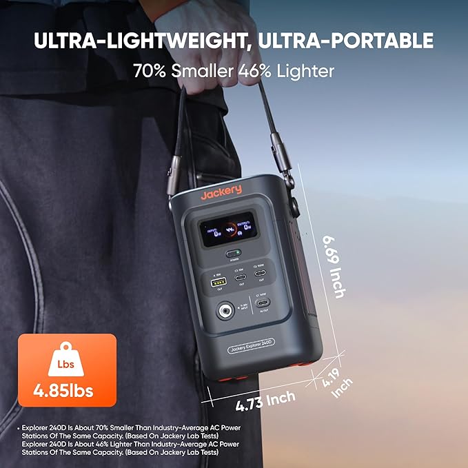 Jackery Explorer 240D Power Bank, 256Wh LiFePO4 Battery Portable Power Station, 200W DC Output, Charging Cable Included,1-Hour Fast Charging, Compact for Outdoor Camping, Travel, Emergencies