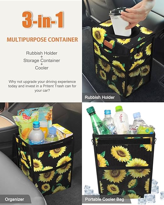 Car Trash Can with Lid, Cute Leakproof Car Trash Garbage Bag Hanging Vehicle Trash Bin Small Portable Automotive Garbage Cans Organizer for Back/Front Seat/Console(2.8 Gallons,Sunflower)