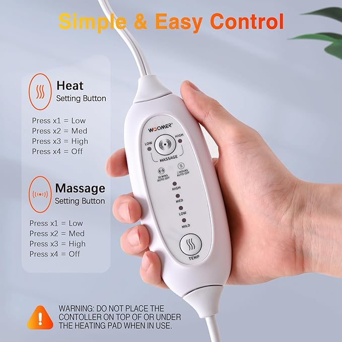 WOOMER Weighted Massage Electric Heating Pad for Back Pain, Neck and Shoulders Cramps Relief, 12’’x24’’, 3.7lb BPA-Free and Non-Toxic Beads, 4 Heat Settings, 4 Massage Modes, 2h Auto-Off