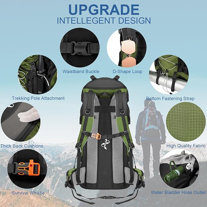 60L Hiking Backpack, Water Resistant Camping Backpack with Rain Cover, Large Lightweight Hiking Bag Outdoor Travel Daypack for Men Women, Green