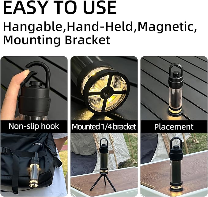 Hanging LED Camping Light with Stand, 4 Modes Dimmable Camp Lamp with Type-C Rechargeable, 4500mAh Tent Ambient Lantern for Outdoor Hiking,Glamping,Emergency(Black)