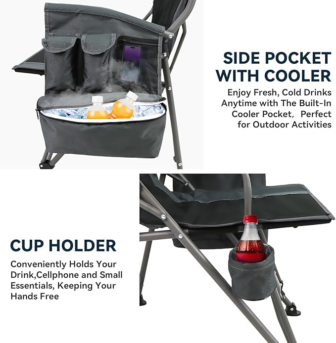Heated Camping Chairs Adults Folding: Oversized Foldable Outdoor Chair for Outsides with Cup Holder – Heavy Duty Heating Portable Chair Sports Fishing Soccer Lawn Camping Furniture (Grey, Oversized)
