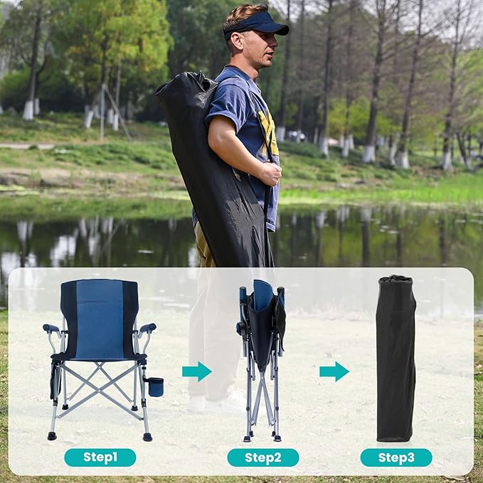 Folding Camping Chair Portable Outdoor Beach Chair, Heavy Duty Foldable Lawn chair Support 330lbs, Collapsible Lightweight Camp Chair with Cup Holder&Carry Bag for Fishing Outside Sports Picnic(Blue)
