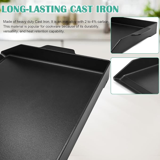 Hiorucet 23'' x 16'' Cast Iron Griddle for Gas Grills and Range Oven, Large Flat Top Universal BBQ Cooking Grill Griddle Pan Insert with Handles for Indoor/Outdoor, Camping, Tailgating, Parties.